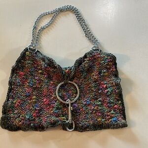 Millennial unique handmade knit Yarn 90s hobo handbag purse with silver chains